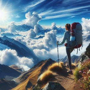 female backpacker hiking up a mountain on blue sky with puffy white clouds-4